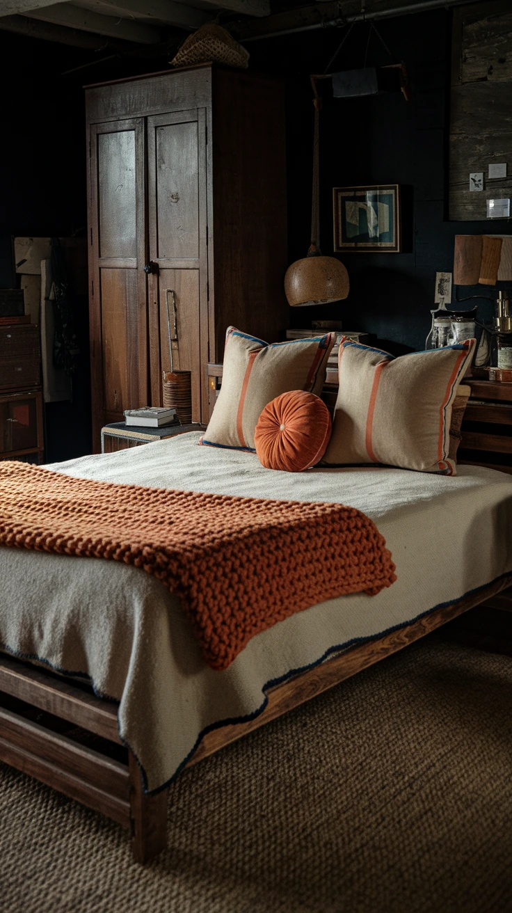 Dark rustic bedroom with layered knit blankets, wooden furniture, cozy textures, warm tones, vintage decor, intimate lighting, farmhouse charm, contrast elements, moody atmosphere, natural materials