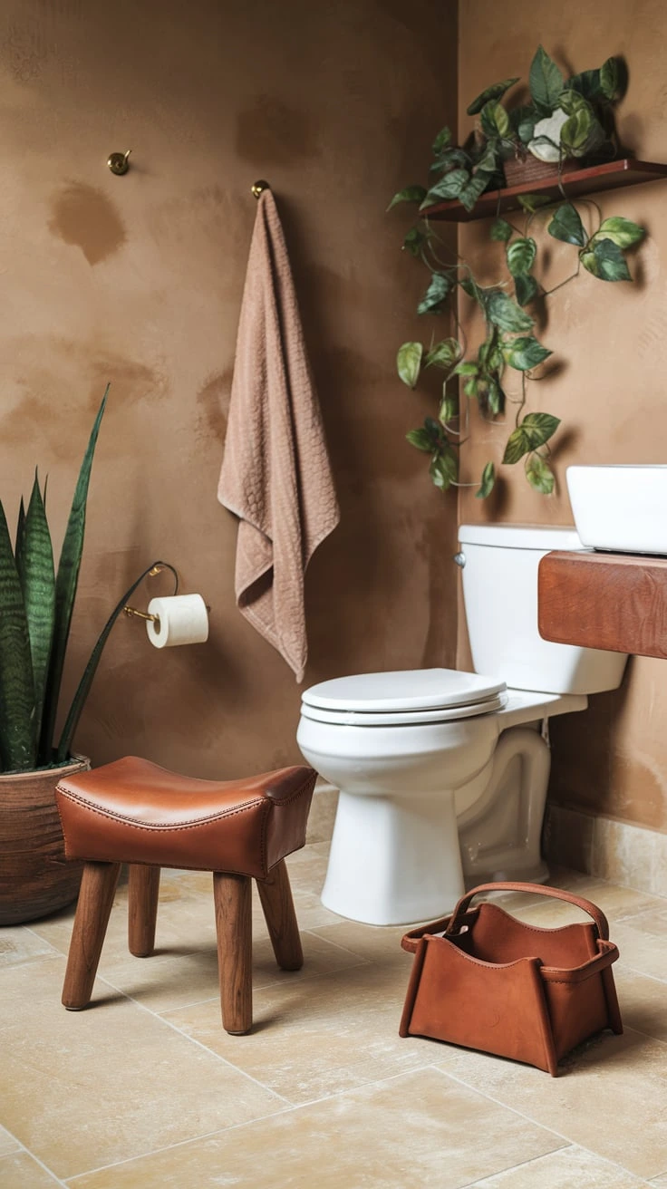 Leather accents, natural material bathroom decor, earthy brown tones, textured bathroom elements, rustic leather details, organic bathroom accessories, warm color accents, luxurious bathroom touches, durable decor pieces, rich texture addition