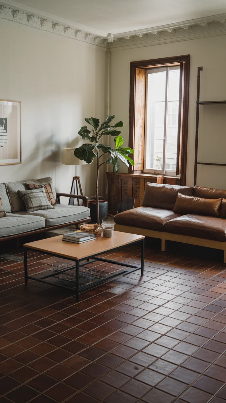 Leather living room flooring luxurious unexpected patina durable warm inviting high-end unique