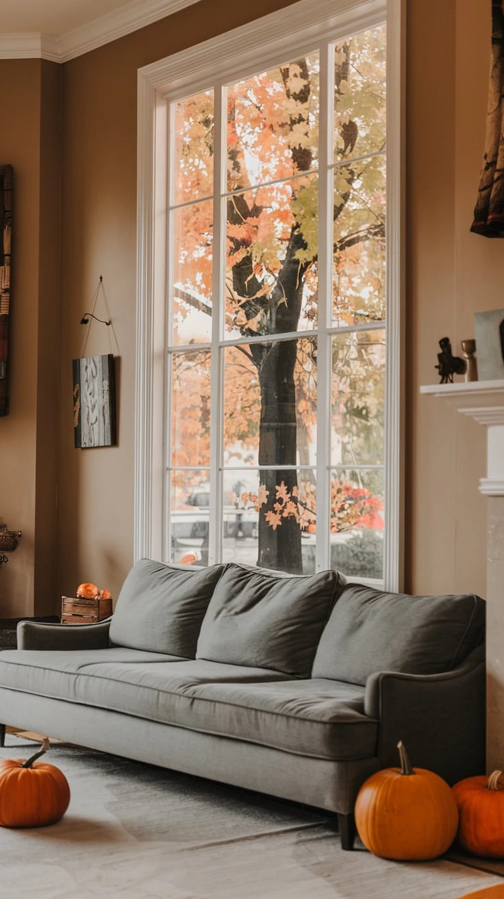 Grey couch with ambient lighting, fall atmosphere, cozy illumination, warm glow, seasonal ambiance, living room decor, soft lights, autumn mood, inviting space, evening comfort