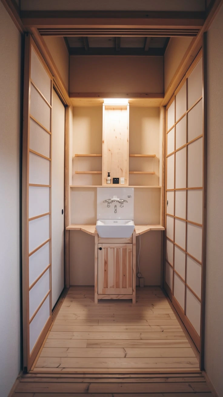 Light wood accents, Japanese bathroom, natural materials, bright interior, sink cabinet, shelving