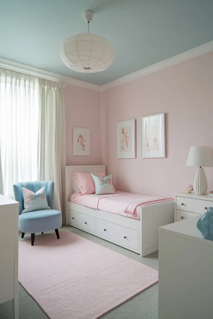 Light color scheme, pastel bedroom, airy atmosphere, soft pink decor, spacious feel, girl's room design, bright interiors, calming colors, small space tricks, visually expanding room