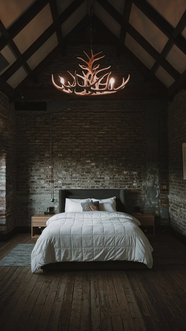 Rustic bedroom with antler chandelier, wooden beams, cozy bedding, warm glow, farmhouse style, intimate setting, natural elements, contrast lighting, moody atmosphere, vintage decor