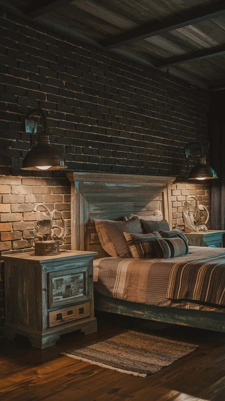 Dark rustic bedroom with industrial pendant lights, wooden beams, moody atmosphere, vintage decor, textured walls, warm lighting, farmhouse style, contrast elements, cozy bedding, intimate setting