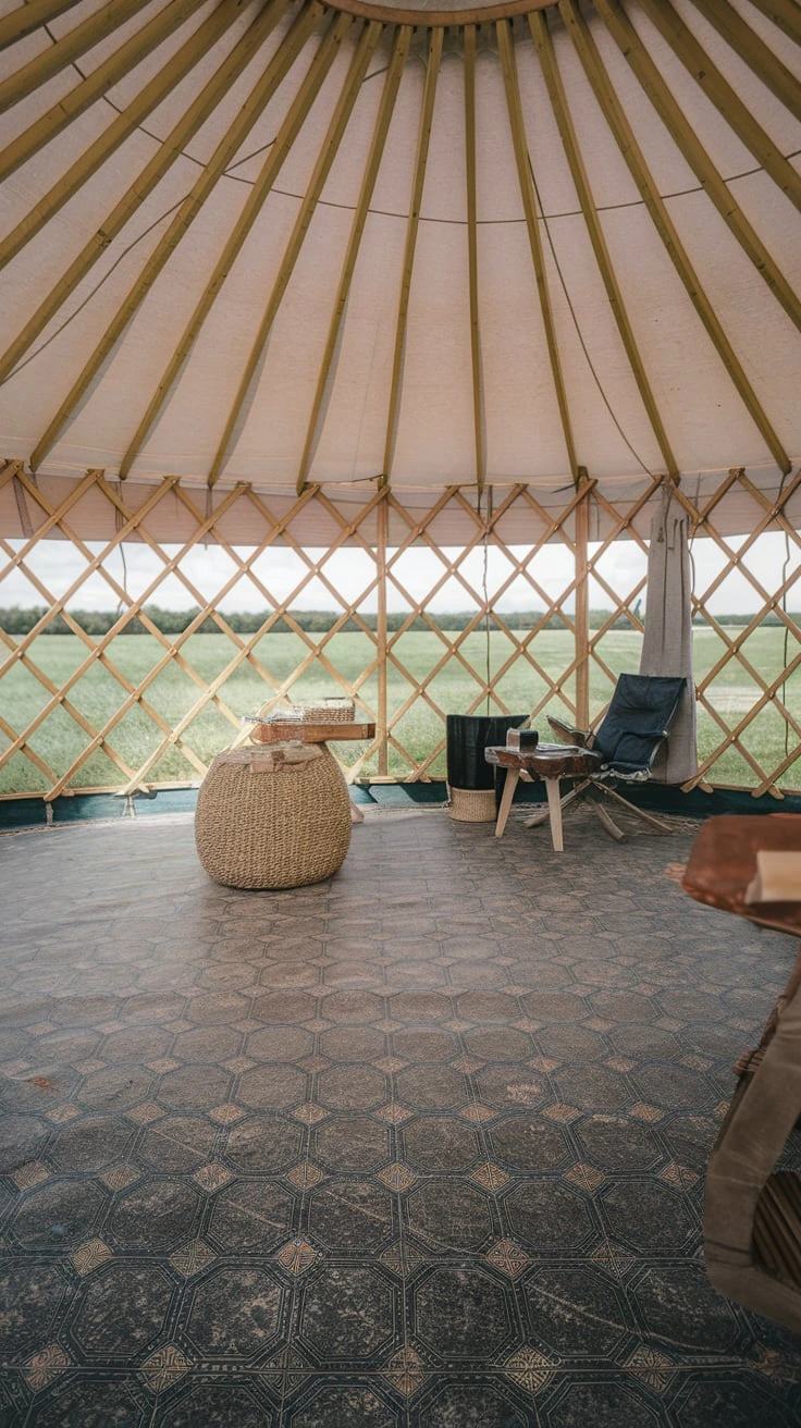 Linoleum flooring in yurt, eco-friendly, versatile, durable, easy-clean, colorful, patterned, biodegradable, retro, contemporary, low-maintenance