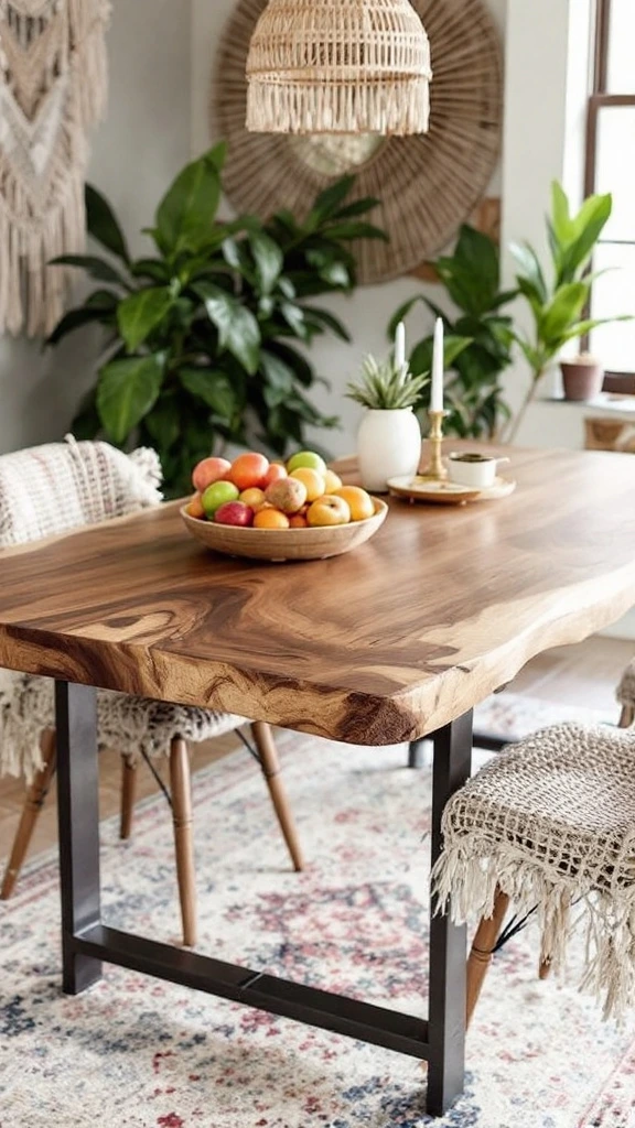 Natural wood edge, organic dining table, rustic charm, walnut or maple, industrial-boho fusion, unique grain patterns, statement piece, durable surface, earthy textures, centerpiece