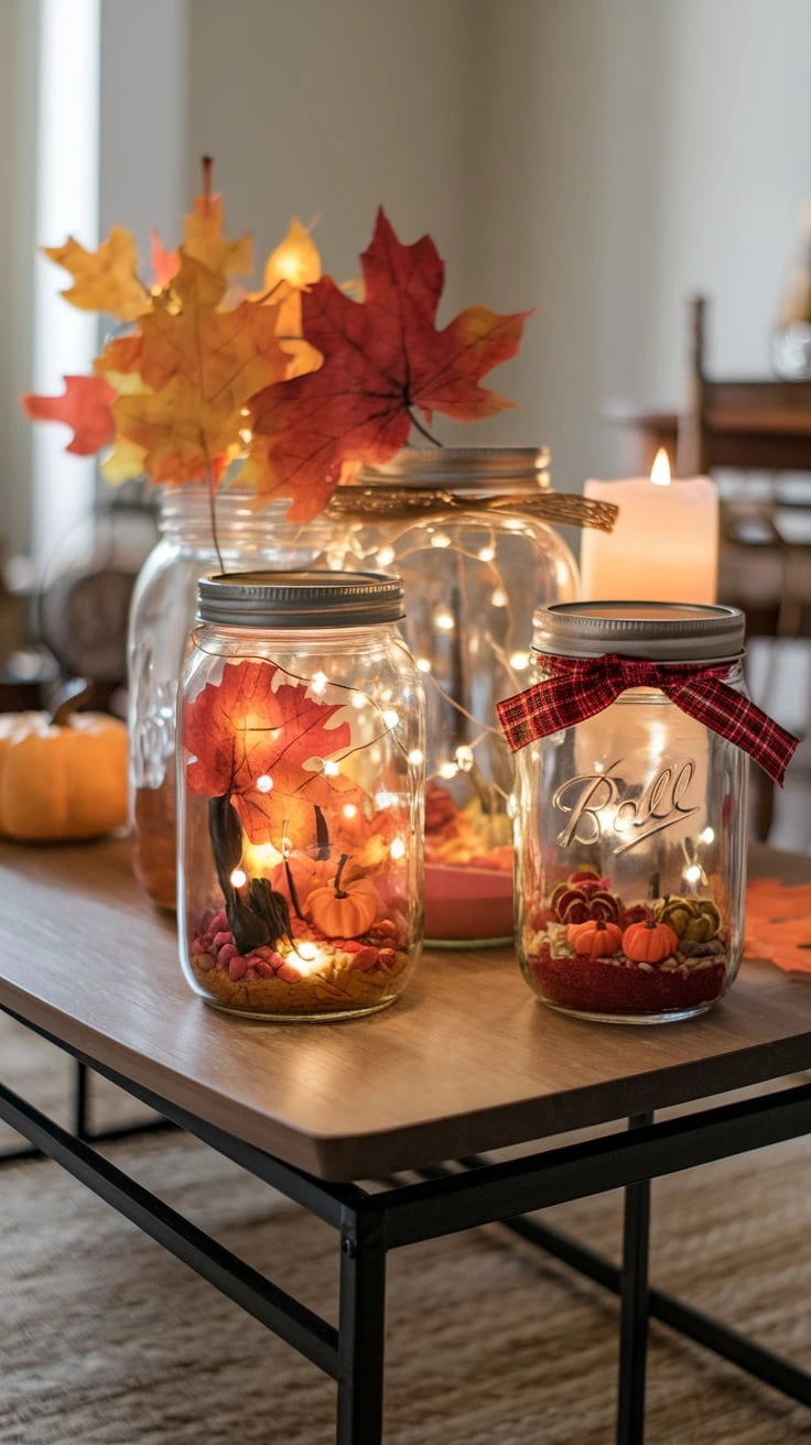 Mason jar fall decor leaves lights mini scenes pumpkins ribbons festive