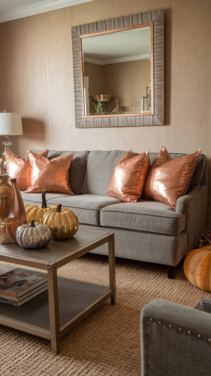 Grey couch with metallic decor, autumn glamour, gold accents, copper touches, fall shine, living room style, elegant details, seasonal sparkle, sophisticated comfort, warm metallics