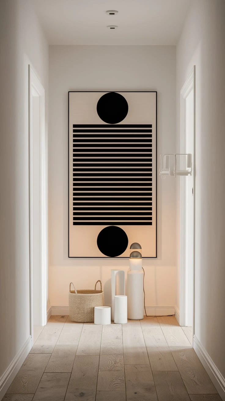 Abstract Scandinavian wall art, simple line drawings, black and white prints, Nordic style decor, minimalist hallway artwork, contemporary geometric patterns, clean aesthetic