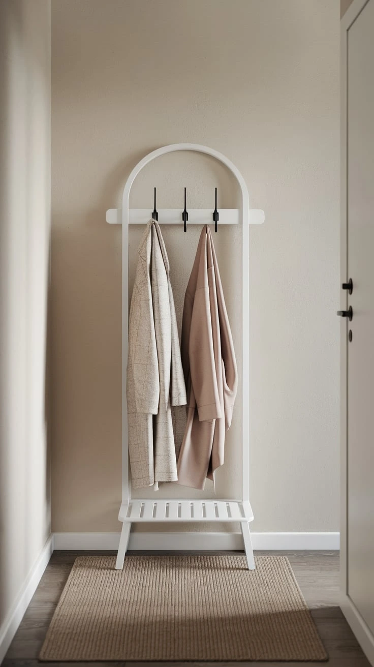 Simple coat rack, Nordic style organization, hallway storage, minimalist entryway decor, functional Scandinavian furniture, clean lines, space-saving