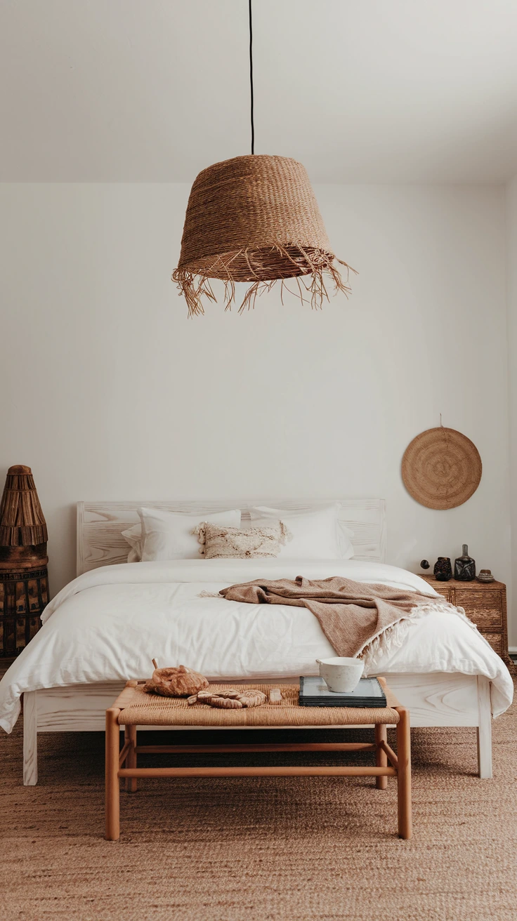 Simple pendant lamp, boho bedroom lighting, natural material shade, minimalist decor