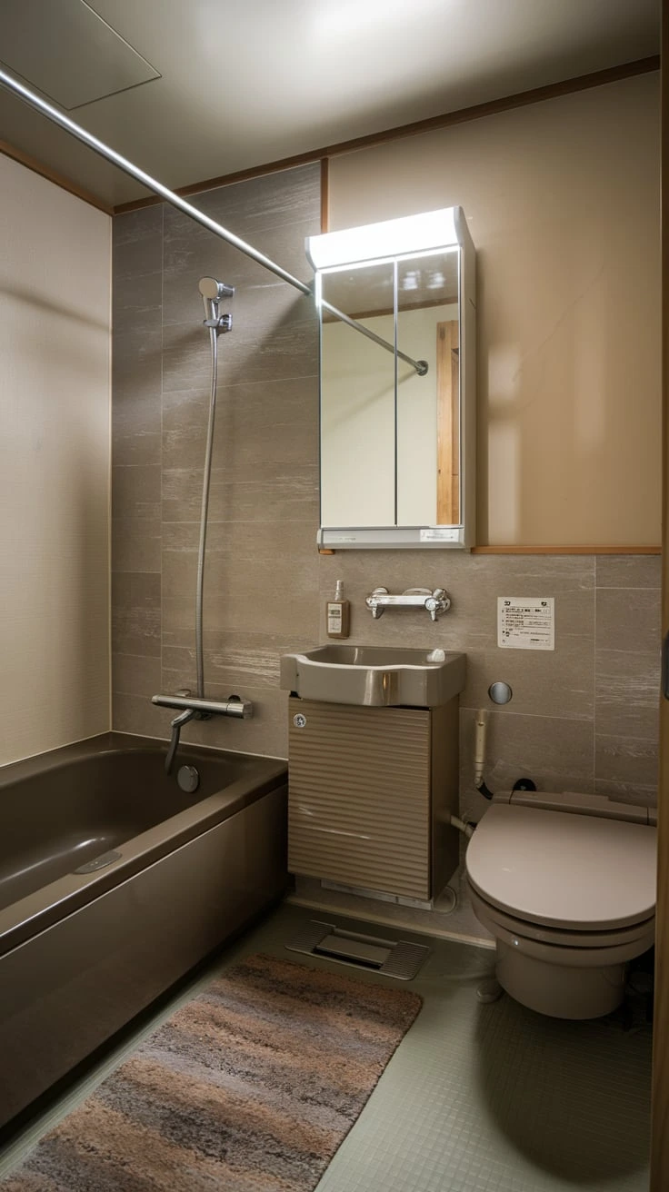 Medicine cabinet with mirror, built-in lighting, storage solution, Japanese bathroom, space-saving