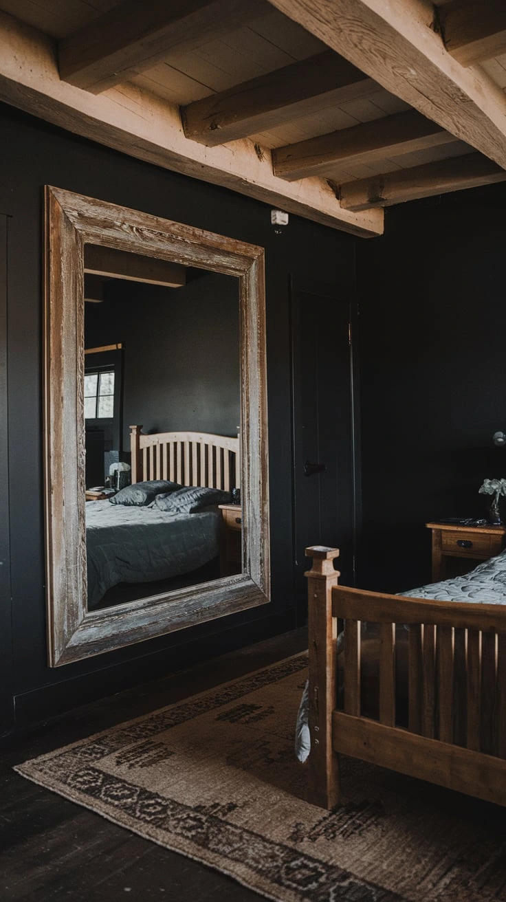 Dark rustic bedroom with large weathered wood frame mirror, vintage furniture, cozy textures, warm lighting, farmhouse charm, intimate atmosphere, contrast elements, moody decor, natural materials, reflective surfaces