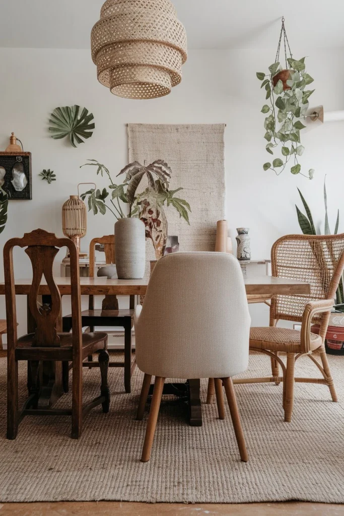 Eclectic dining chairs, vintage wood, modern upholstery, mixed materials, complementary colors, boho seating, diverse styles, casual dining, unique arrangement, comfort