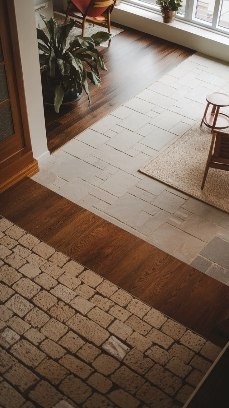 Mixed flooring materials, wood and stone combination, carpet integration, open-plan zoning, texture variety, multi-sensory design, smooth transitions, material contrast, harmonious blend