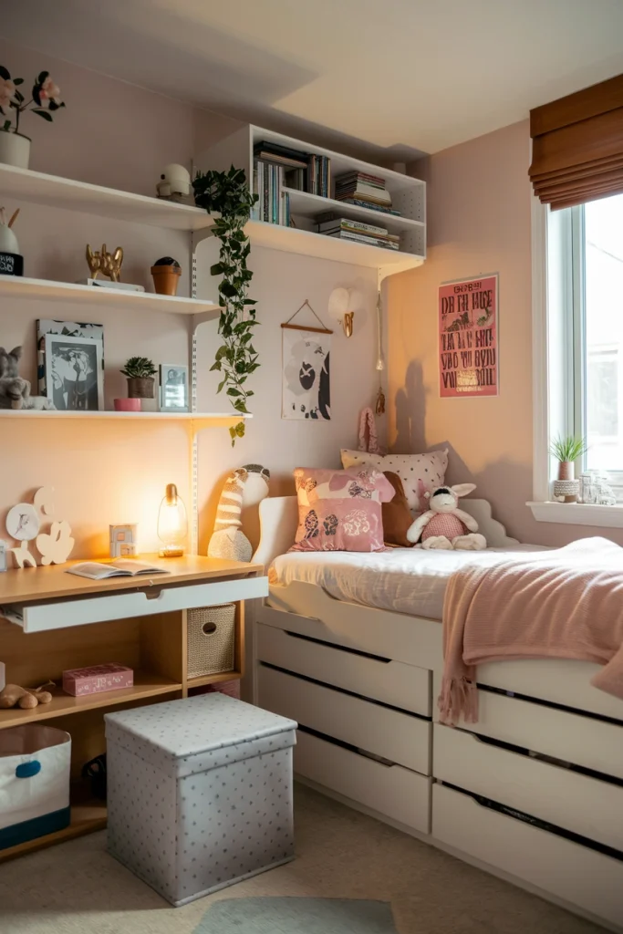 Multi-functional furniture, storage bed, space-saving designs, compact living, girl's bedroom ideas, versatile pieces, clever storage, adaptable furniture, small room solutions, efficient layout