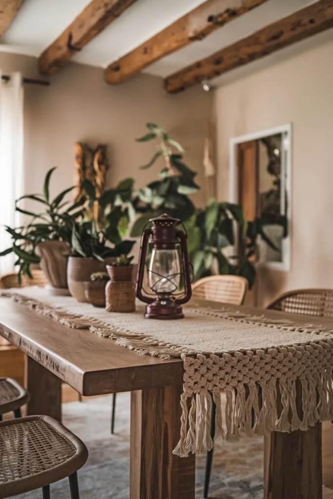 Jute or macramé runner, textured tableware, fringed edges, layered table decor, organic materials, bohemian table setting, natural fibers, rustic charm, handwoven details, eco-friendly