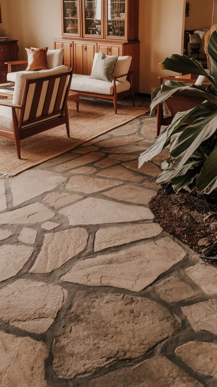 Stone flooring, natural materials, textured pathways, indoor-outdoor transition, varied stone types, organic design, durable flooring, transitional spaces, earthy aesthetics