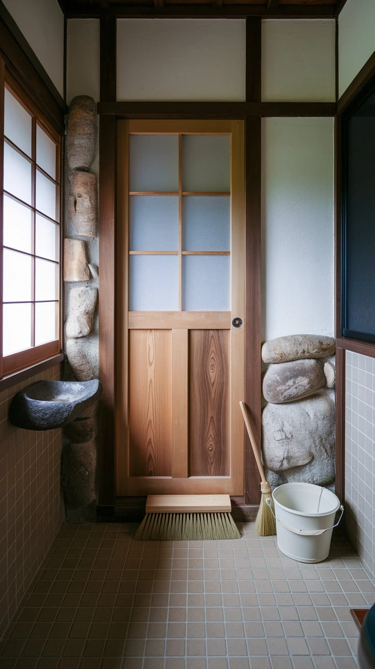 Stone bathroom accents, Japanese zen style, natural materials, soap dish, countertop, texture