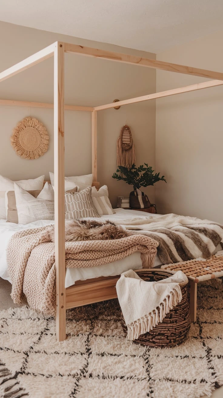 Wooden bed frame, minimalist bedroom, boho decor, natural materials, cozy bedding