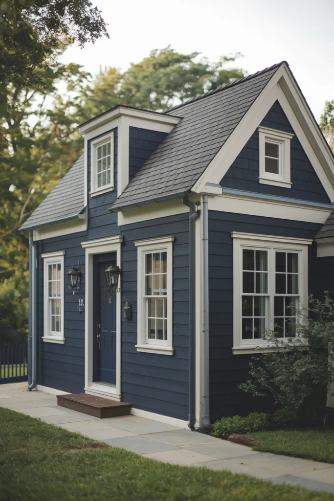 Navy blue house paint, bold, sophisticated, dramatic, classic, nautical, rich, deep, striking, elegant