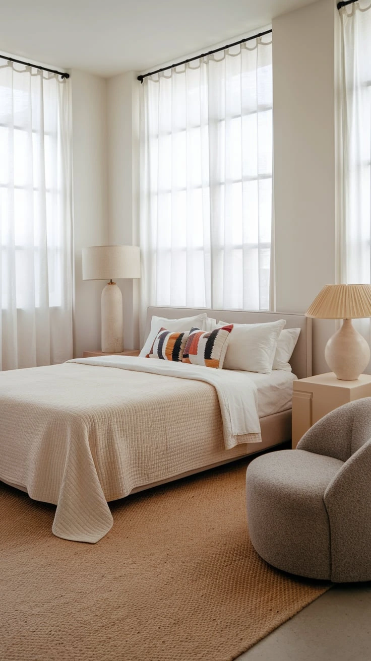 Neutral boho bedroom with white walls, beige accents, natural textures, minimalist decor