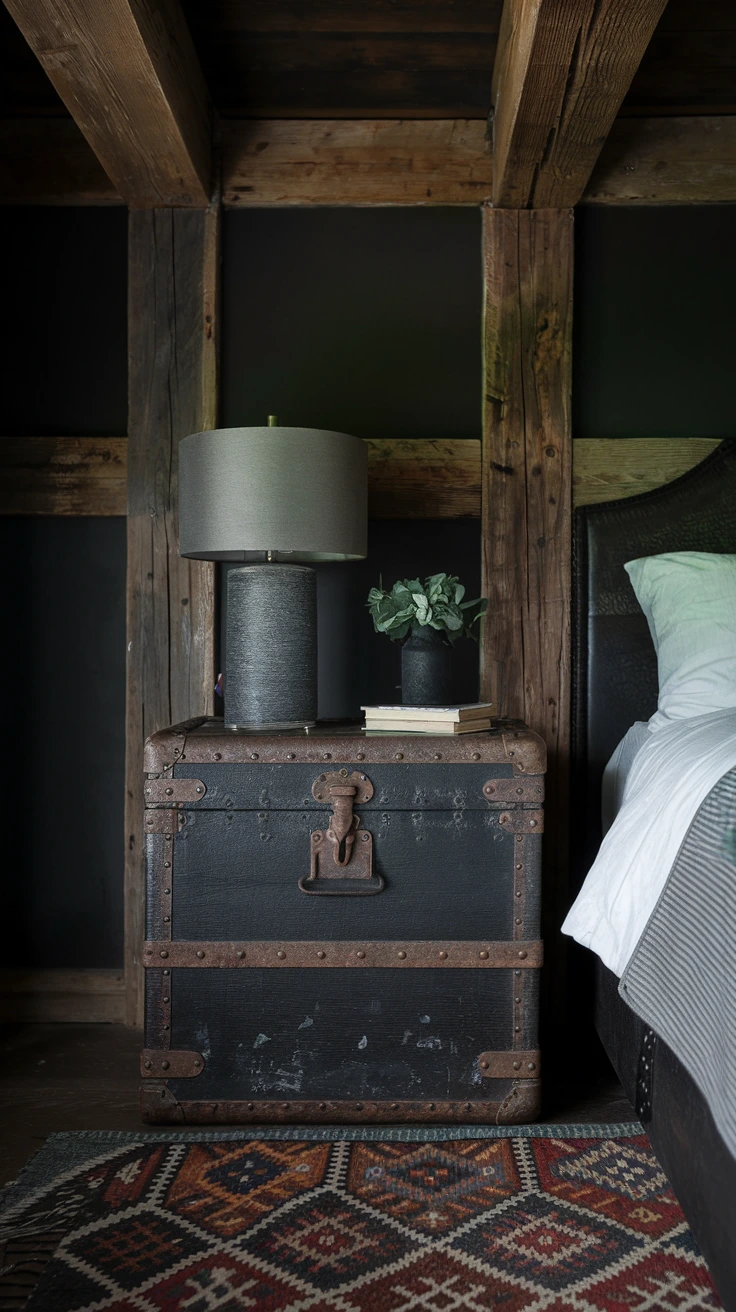 Dark rustic bedroom with vintage trunk nightstand, industrial lamp, textured walls, cozy bedding, warm tones, farmhouse charm, repurposed furniture, intimate lighting, contrast decor, rustic aesthetic