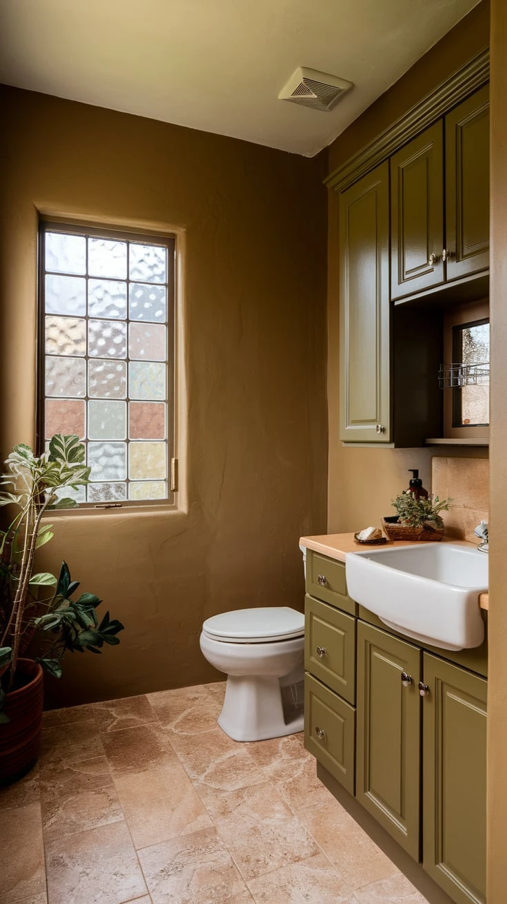 Olive green cabinets, earthy bathroom storage, nature-inspired cabinetry, bold color choice, organic bathroom palette, rustic storage solution, forest-toned furniture, eco-friendly paint color, warm green hues, natural bathroom design