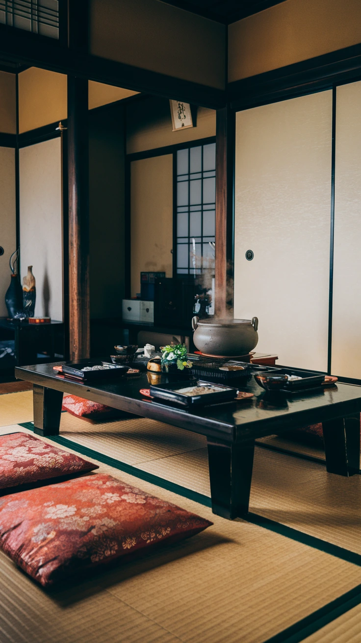 Low dining table, floor cushions, tatami mats, Japanese style seating, minimalist furniture, zen dining area, traditional Japanese room, low-profile design, intimate dining, natural materials