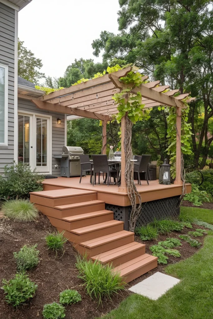 Outdoor living deck with alfresco dining, grilling area, lounge space, extended living area, natural surroundings, entertainment space, increased home value, outdoor relaxation, sunbathing spot, backyard enhancement