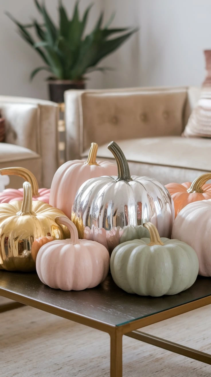 Painted pumpkins fall decor metallic pastel modern patterns chic display gourds