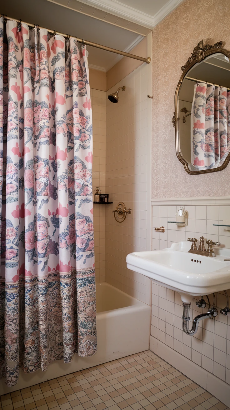 Victorian-style shower curtain, vintage bathroom textile, antique pattern design, period shower accessory, elegant bathroom fabric, classic shower decor, traditional bathroom linen, historical interior accent, decorative bathroom curtain, ornate shower screen