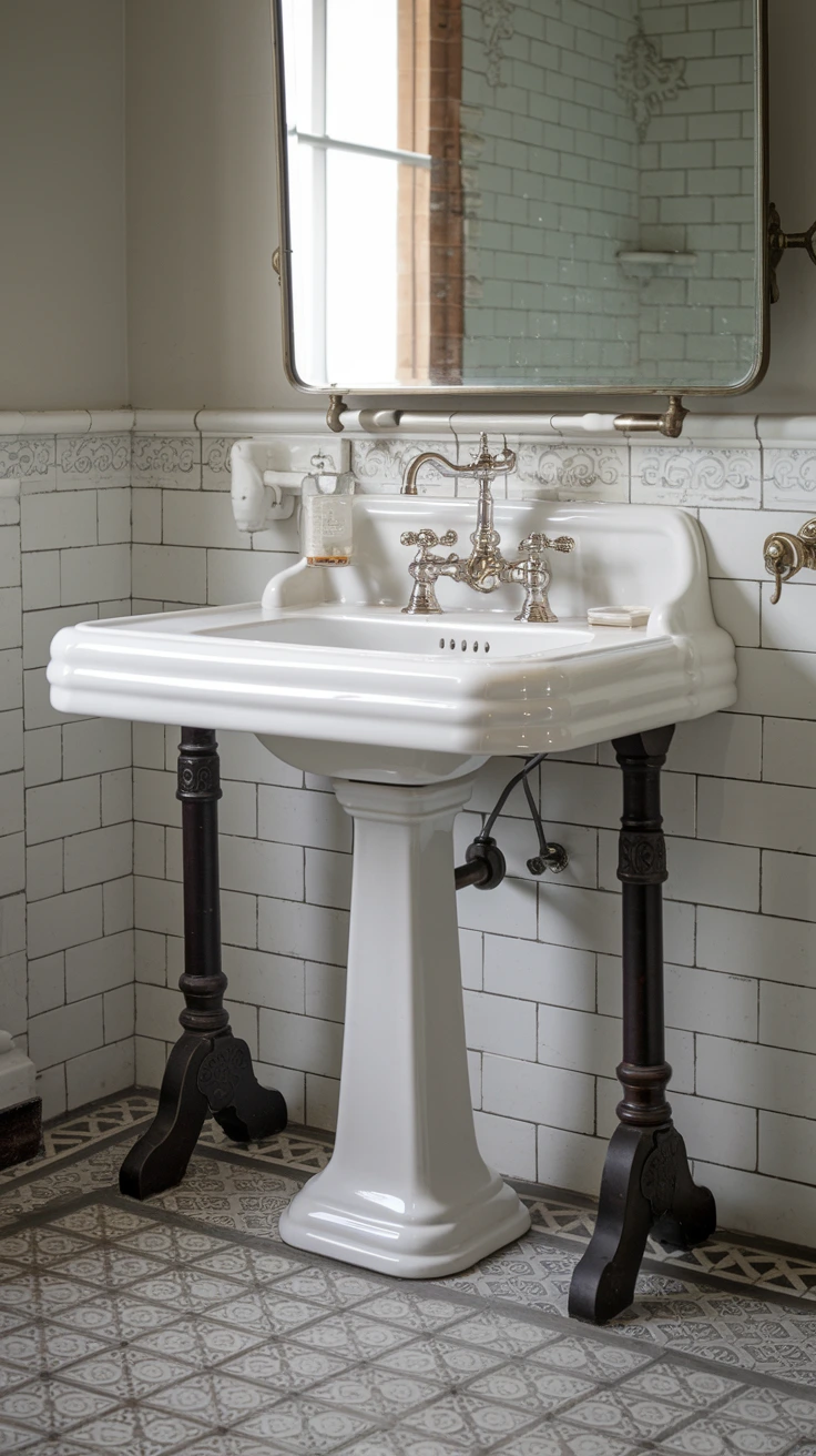 White porcelain pedestal sink, Victorian bathroom fixture, vintage washbasin, classic bathroom design, elegant sink, period-appropriate, freestanding sink, antique-style plumbing, bathroom centerpiece, traditional decor