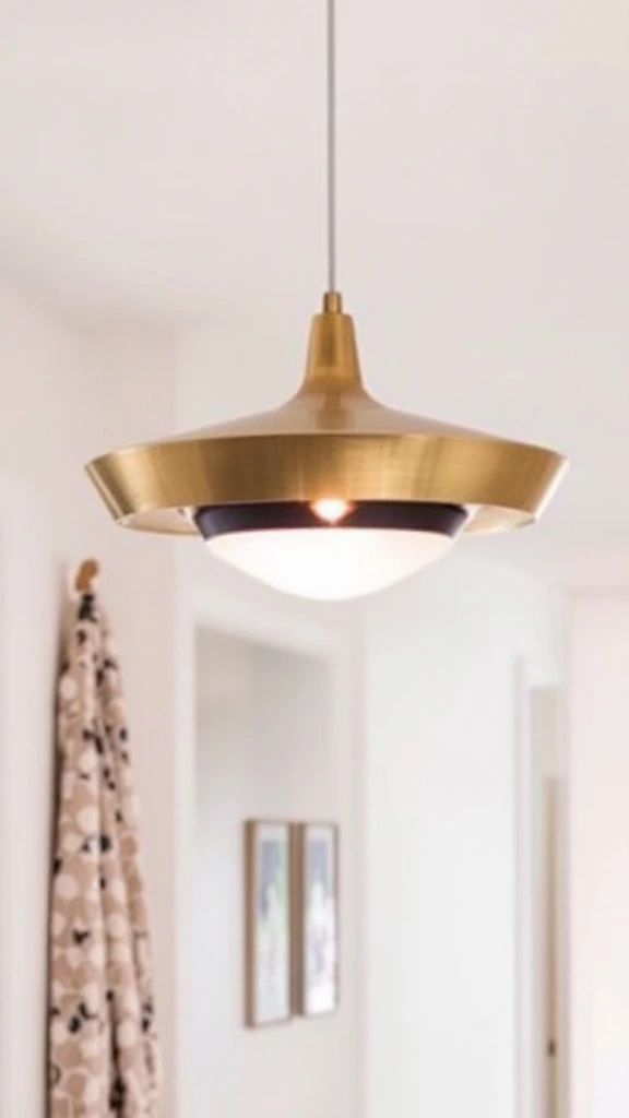 Mid-century modern pendant light, retro ceiling fixture, brass lighting, frosted glass shade, vintage style, hallway illumination, unique shape, statement piece, ambient lighting, funky design