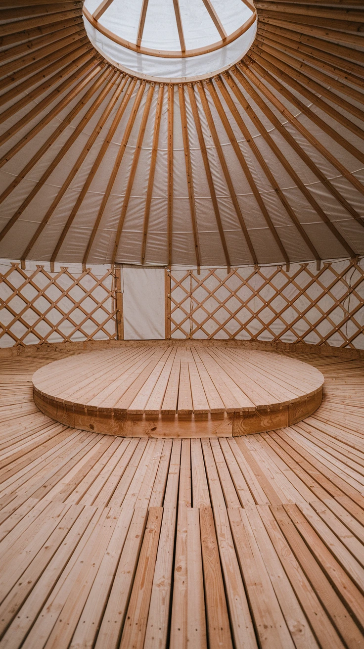 Penny flooring in yurt, unique, eye-catching, durable, customizable, shimmering, whimsical, creative, conversation piece, patterned, metallic