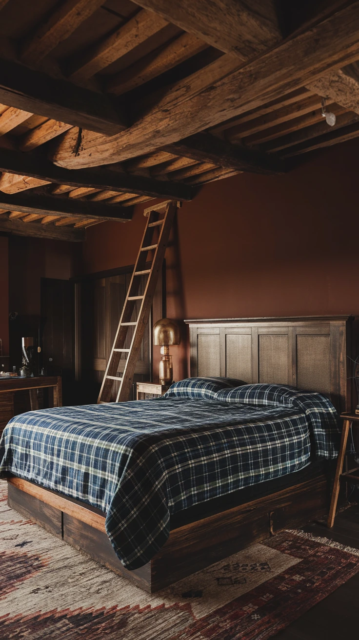 Dark rustic bedroom with plaid bedding, wooden furniture, cozy textures, cabin aesthetic, warm colors, vintage decor, moody lighting, farmhouse charm, intimate atmosphere, natural elements