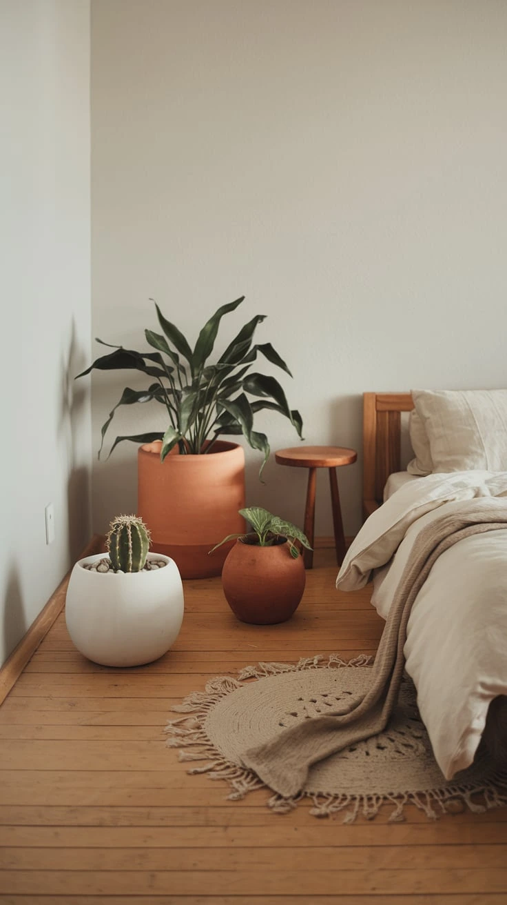 Indoor plants, minimalist planters, boho bedroom greenery, natural decor elements