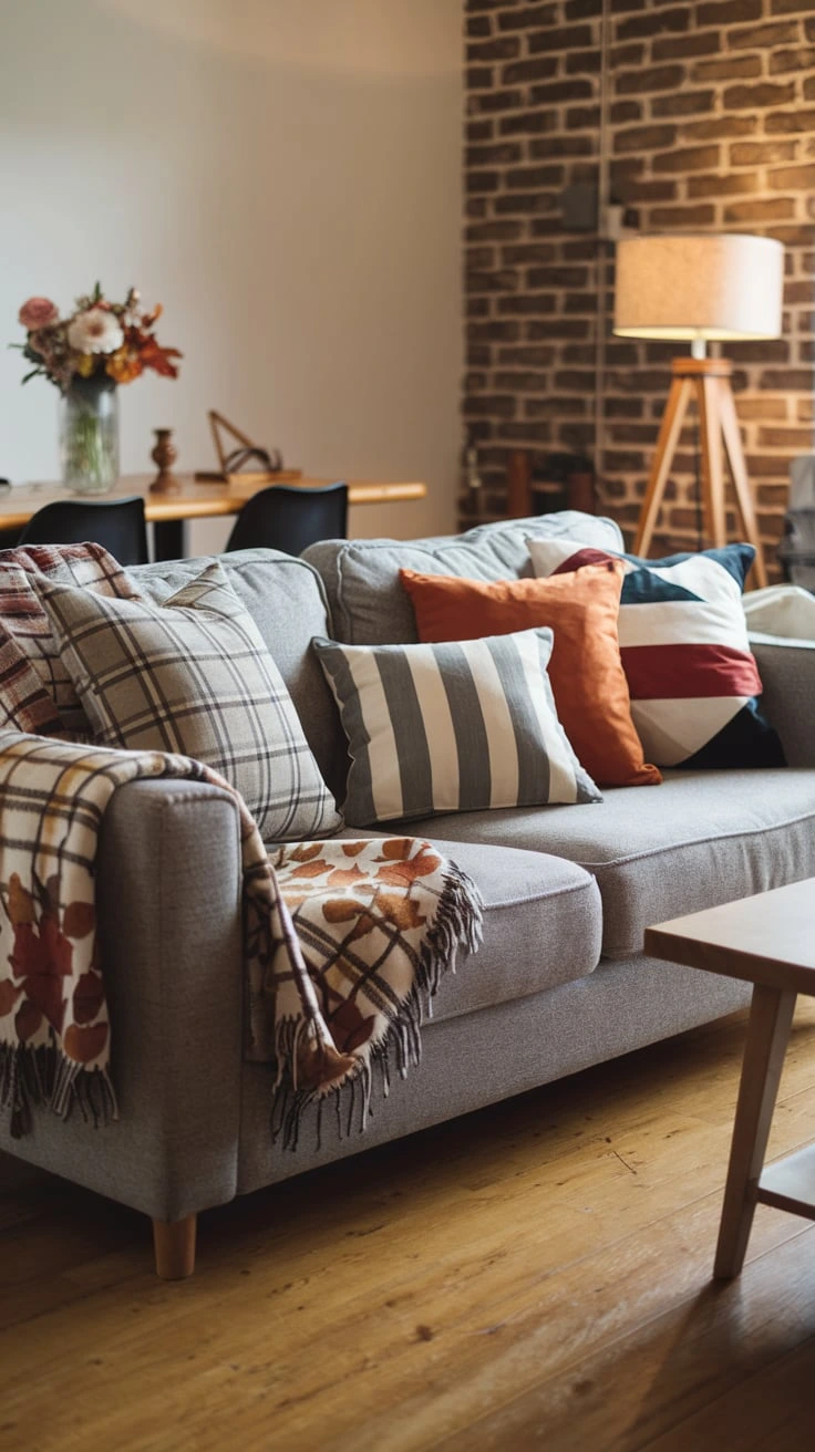 Grey couch with patterned pillows, fall textiles, mixed prints, seasonal designs, cozy textures, autumn colors, living room decor, geometric patterns, plaid accents, stylish comfort