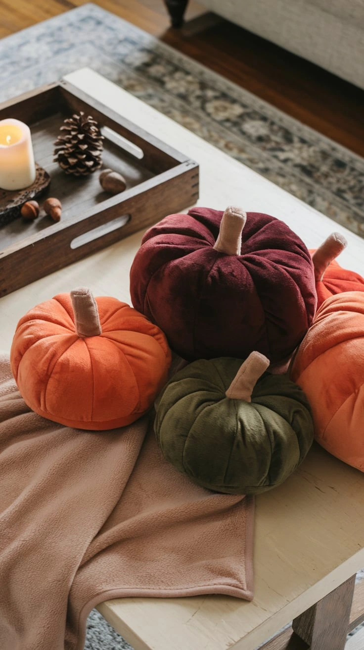 Fabric pumpkins velvet chenille knit fall hues cozy inviting soft decor