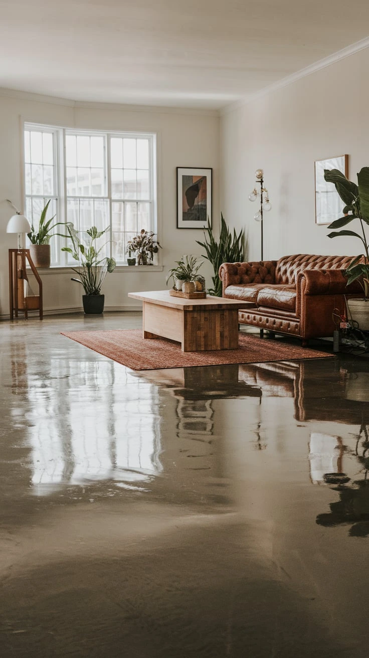 Polished concrete living room flooring modern industrial customizable durable low-maintenance sleek aesthetic