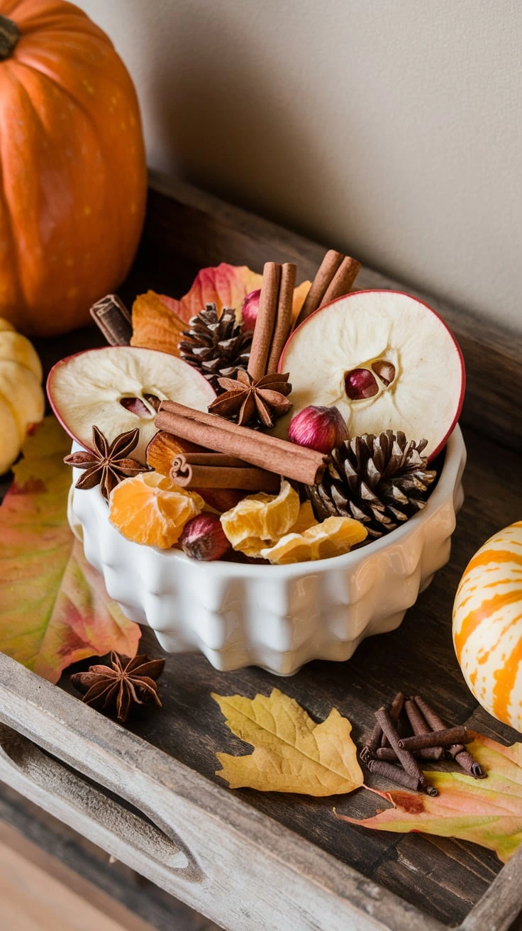 Fall potpourri fragrant dried fruits spices cinnamon anise orange peels pinecones