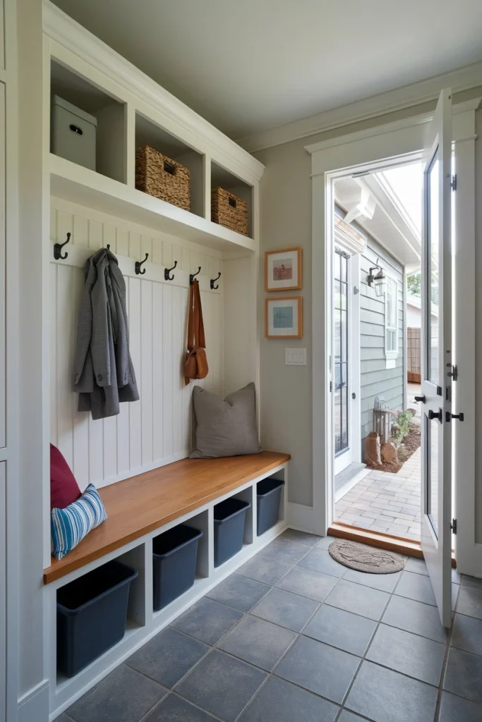 Practical mudroom addition with storage solutions, transitional space, organization, shoe storage, coat hooks, bench seating, durable flooring, clutter control, functional design, entryway enhancement