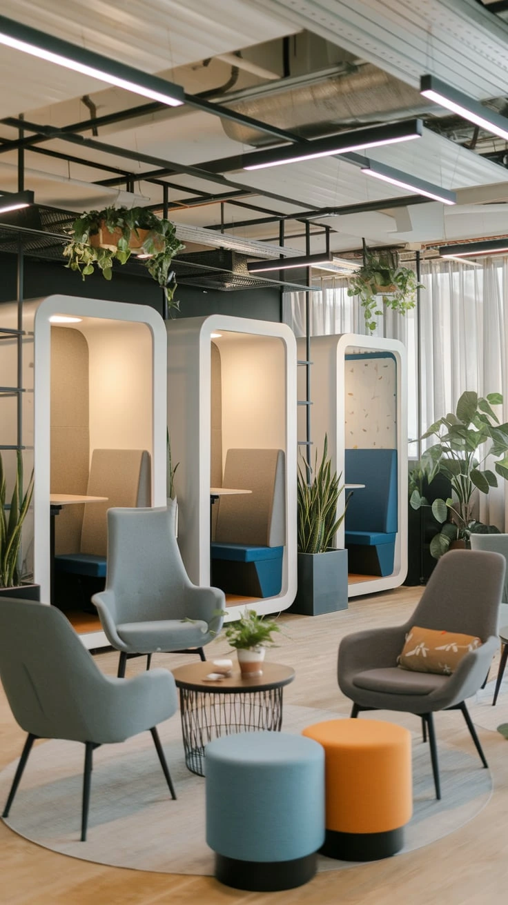 Office privacy pods quiet workspace focus areas phone booths concentration zones flexible design