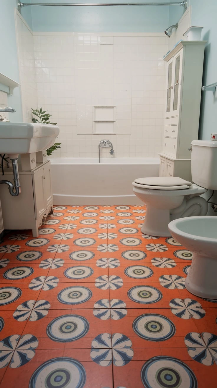 Psychedelic vinyl tiles, retro flooring, bold patterns, swirling designs, 70s-inspired, vibrant colors, durable vinyl, modern manufacturing, vintage aesthetic