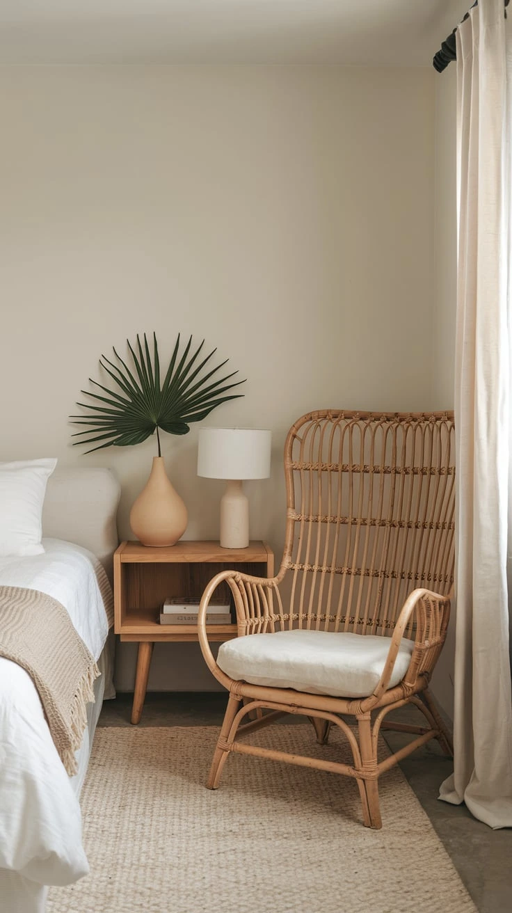 Rattan chair, boho bedroom furniture, natural materials, minimalist seating, texture