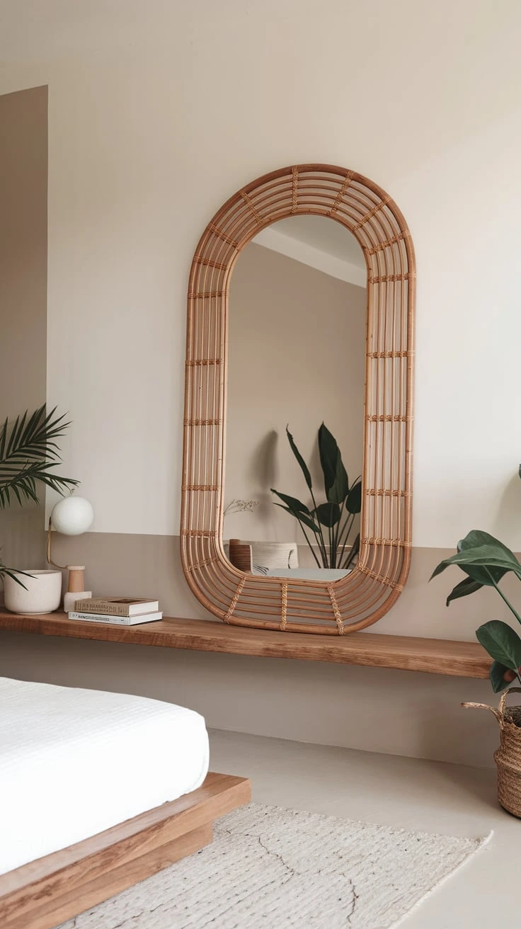 Natural frame mirror, boho bedroom accessory, minimalist wall decor, functional design