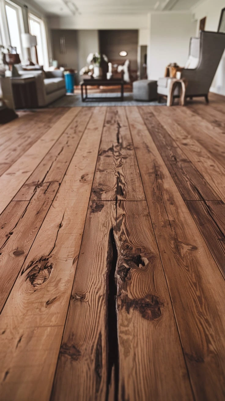 Reclaimed wood living room flooring eco-friendly unique character rustic sophisticated historic charm