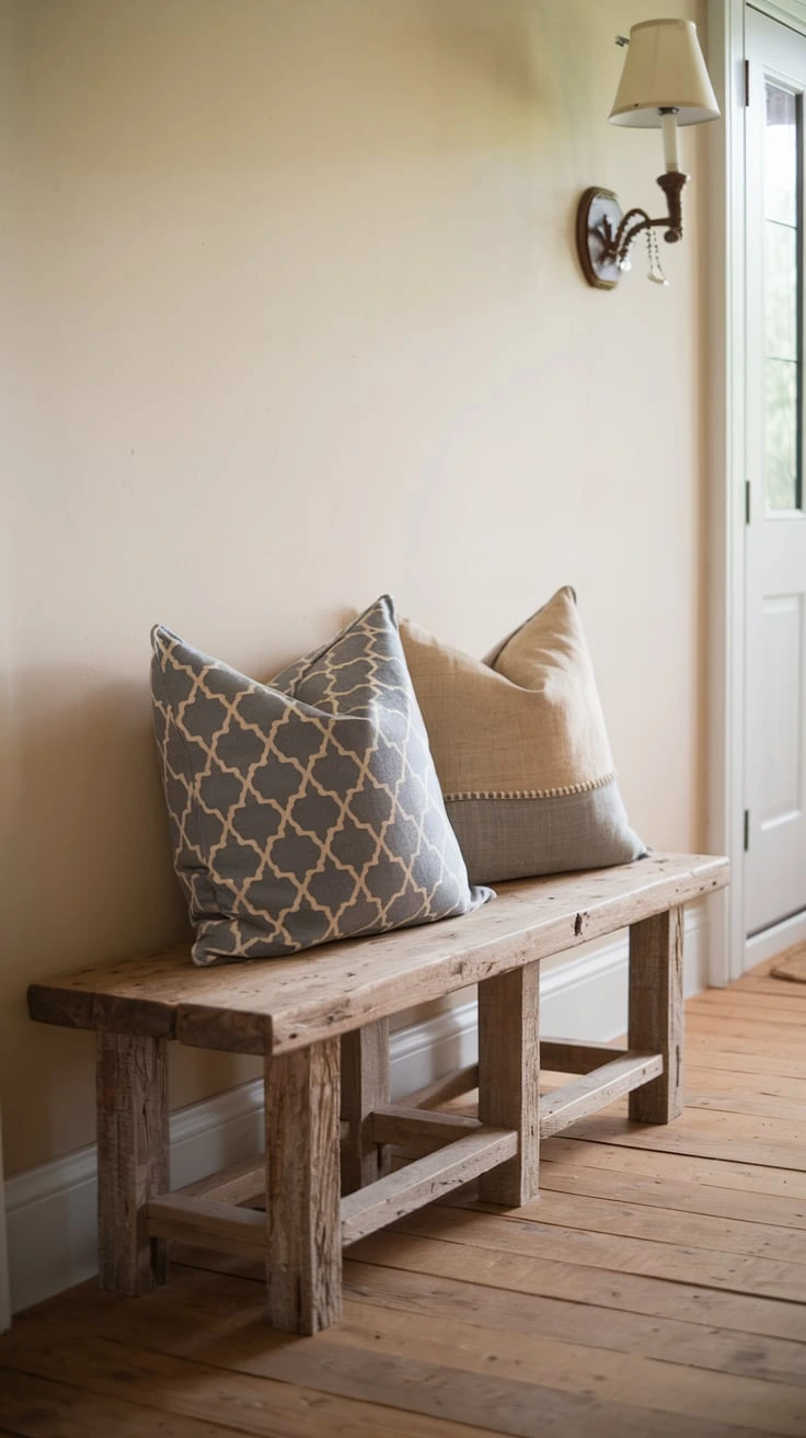 Rustic wooden bench, farmhouse entryway seating, reclaimed timber furniture, cozy hallway decor