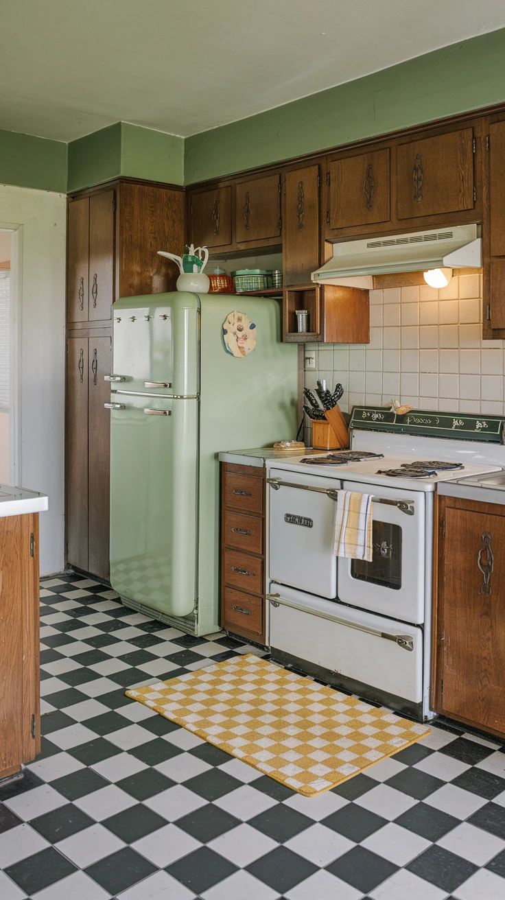 Retro cork flooring, eco-friendly option, comfortable surface, vintage-inspired patterns, sound-insulating material, sustainable choice, 1950s aesthetic, warm texture, durable kitchen floor, mid-century modern