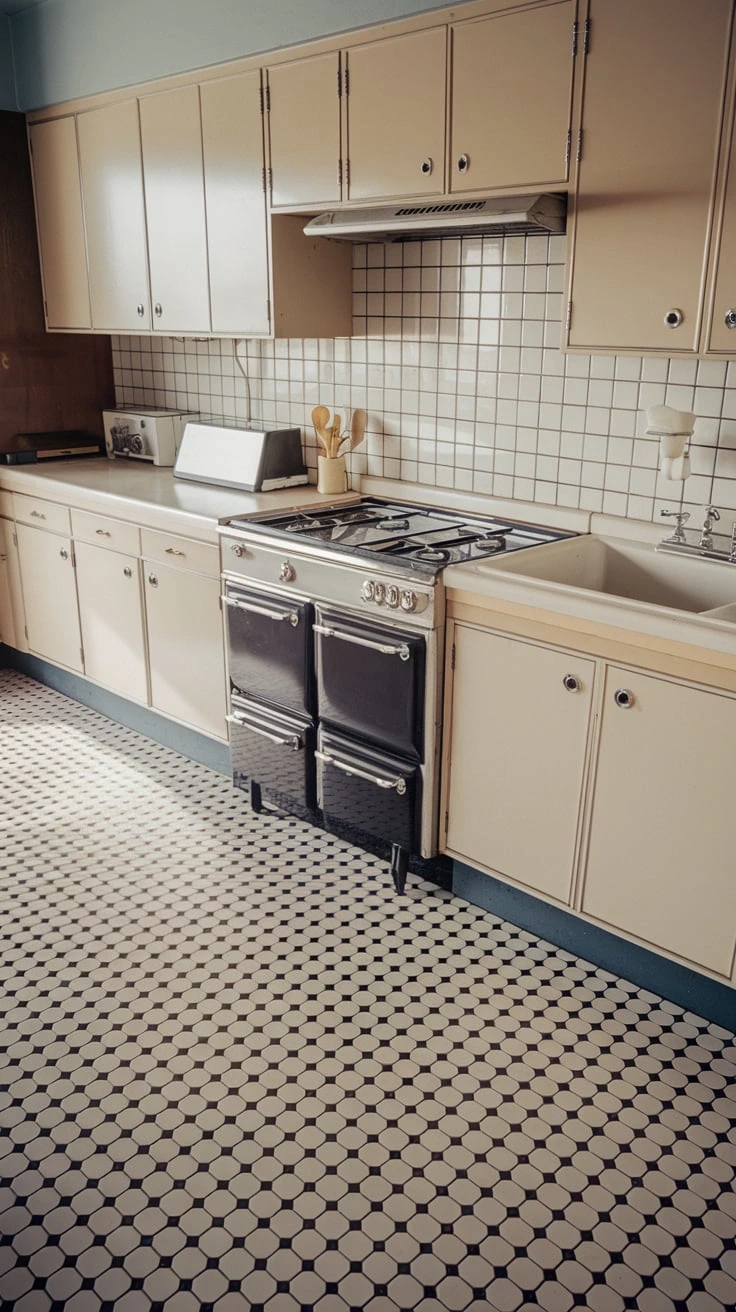 Retro mosaic flooring, vintage-inspired tiles, custom designs, textured surface, slip-resistant, 1950s style, colorful patterns, durable material, artistic floor, mid-century modern